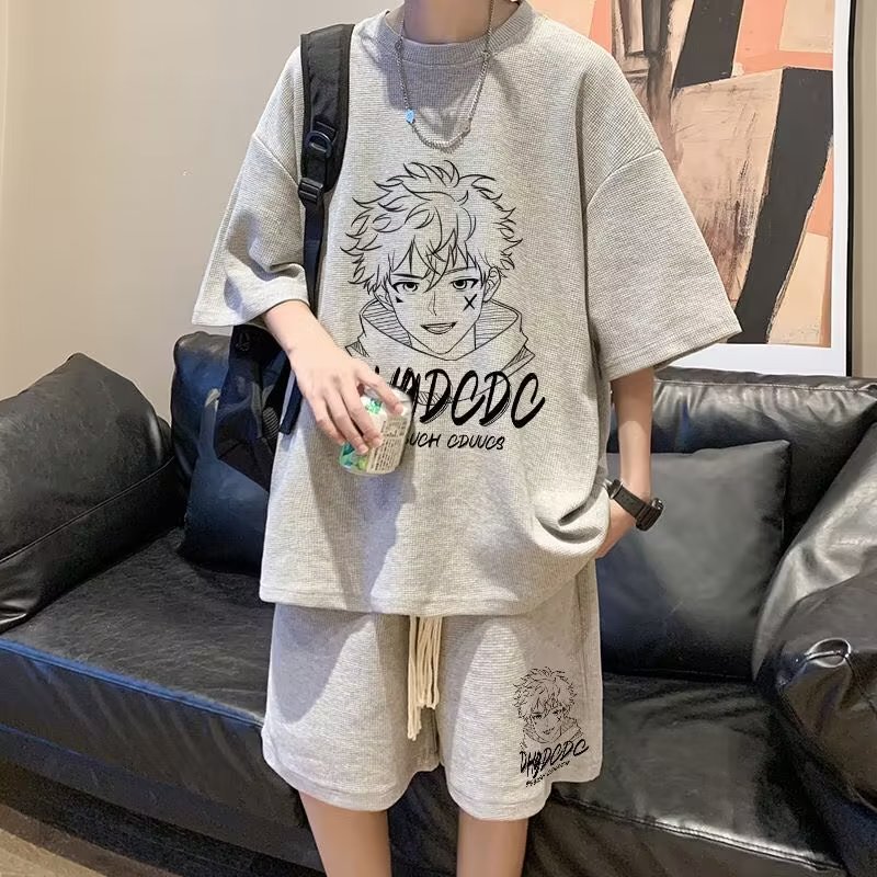 短袖t恤套装男夏季宽松华夫格薄款穿搭一整套休闲运动帅气青少年
