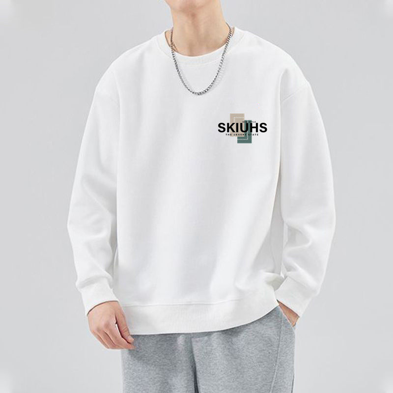 打底卫衣男韩版潮流春秋季宽松圆领T恤潮牌休闲印花衣服白色长袖