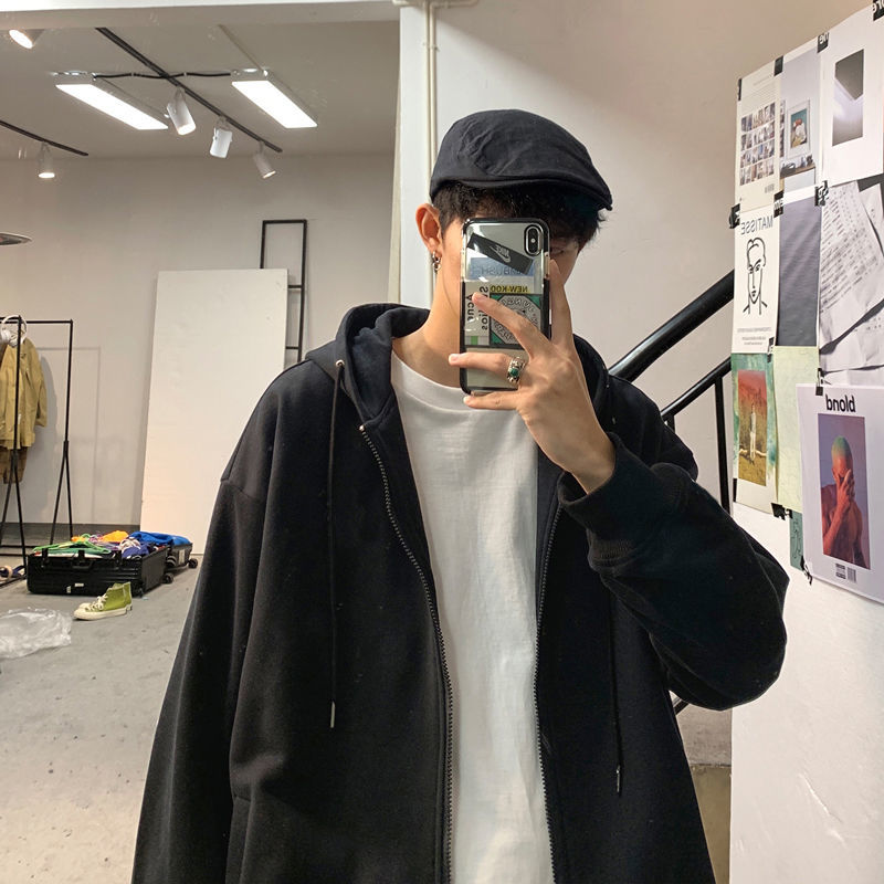 干活穿的衣服男卫衣春秋冬季宽松耐磨拉链开衫上班大码连帽工作服
