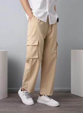 男士休闲长裤韩版潮流薄款夏季大码宽松直筒纯色直筒机能工装裤子
