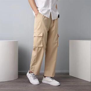 休閑長褲 寬松直筒純色直筒機(jī)能工裝 夏季 大碼 潮流薄款 褲 男士 子 韓版