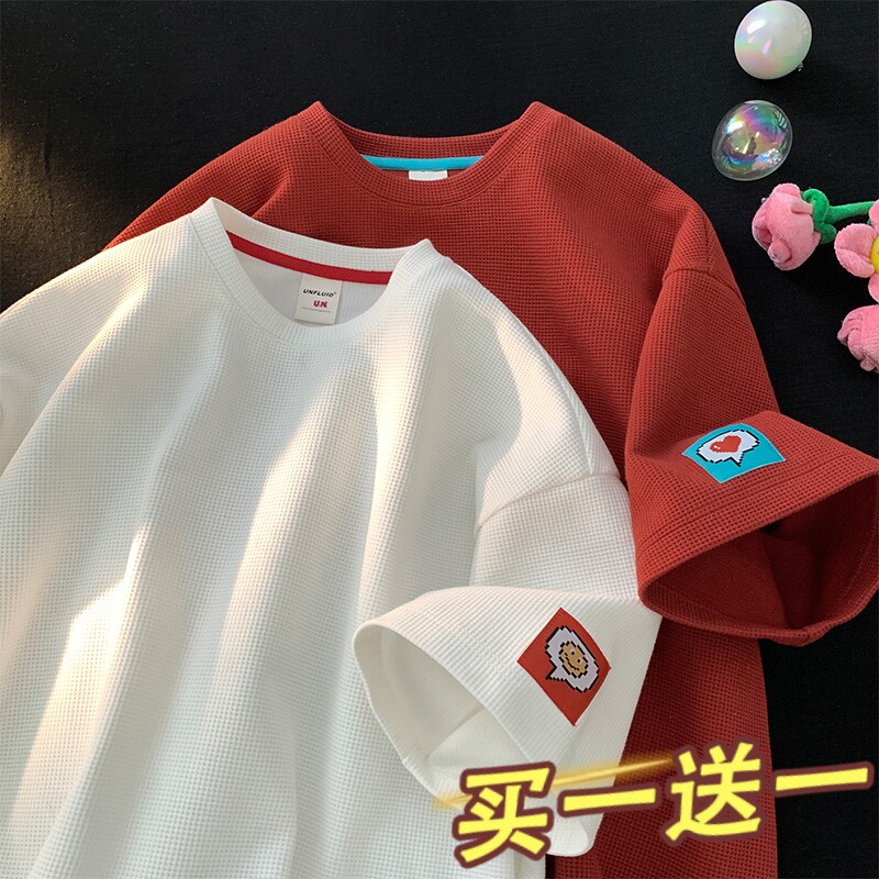 夏季华夫格短袖t恤男款韩版潮流半袖宽松圆领上衣服男生百搭小衫