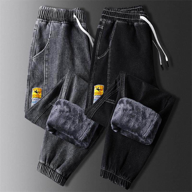 牛仔裤男秋冬季潮牌宽松紧腰大码束脚哈伦裤加绒加厚保暖休闲裤子
