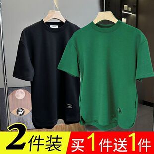 耐磨耐脏工作服男短袖宽松圆领夏季隐藏式口袋五分袖大码薄款体恤