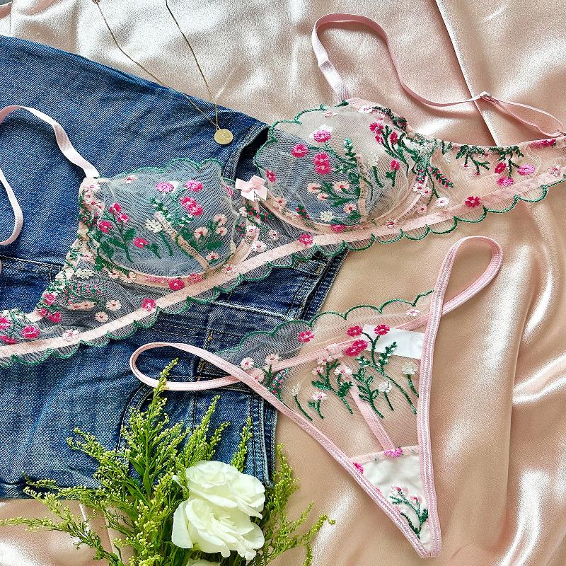 Fragmented Embroidered Mesh Sexy Underwear Set刺绣甜美风内衣