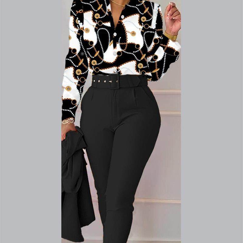 Baroque Print Long Sleeve Top and Pants Set 欧美休闲套装女