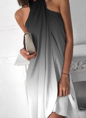 Neckline gradient dress women 时尚深灰色挂脖渐变连衣裙宽松裙