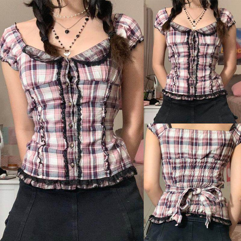 Women's t-shirt retro waist strap plaid single-breasted