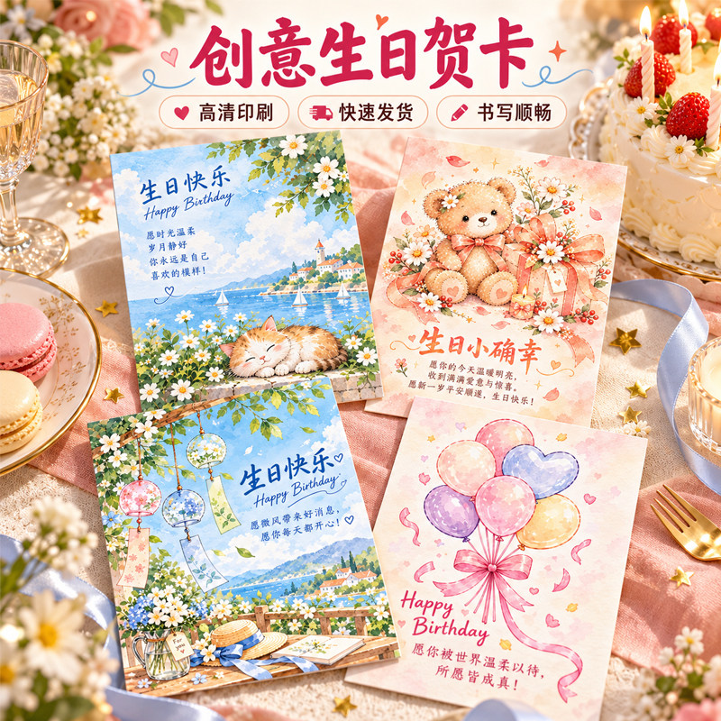 生日快乐贺卡花店鲜花束礼物祝福可爱明信片装饰送同学朋友闺蜜卡通小卡烘焙蛋糕伴手礼手写留言创意卡片定制