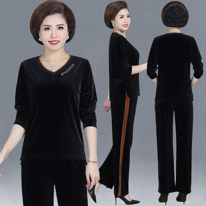 中老年妈妈休闲春秋装套装中年时尚洋气减龄运动金丝绒两件套女装