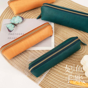 现货日本brelio真皮牛皮笔袋 裸色牛皮笔袋钢笔圆珠笔收纳