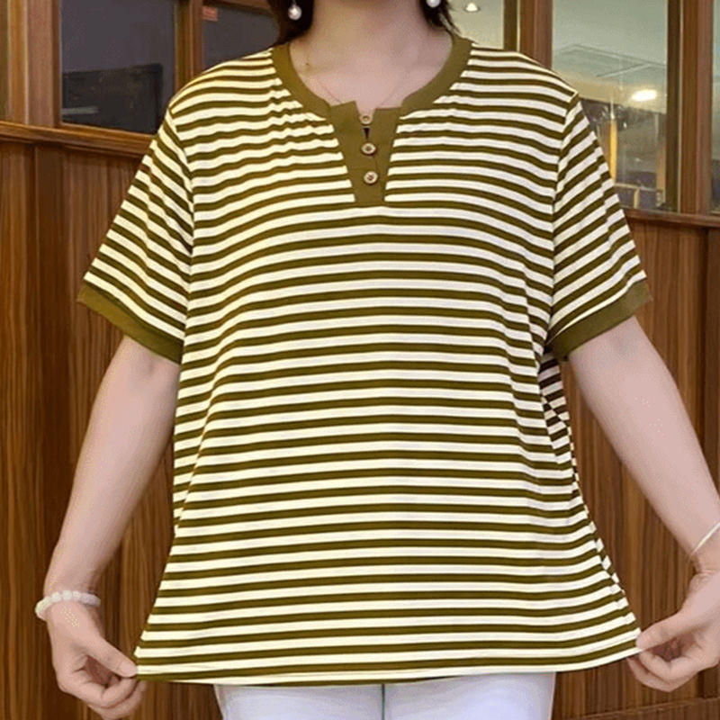 9XL300斤加大码妈妈夏季条纹短袖T恤女中老年宽松显瘦百搭上衣