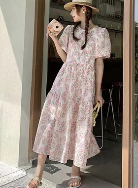 夏装大码女装粉色碎花连衣裙泡泡袖绝美法式茶歇裙M 4XL200斤