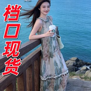 鹭青一原创帆影绿复古印花连衣裙女夏季打揽设计无袖挂脖长裙