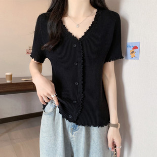 实拍 胖妹妹夏装大码女装木耳边设计感短袖T恤正肩冰丝上衣小衫潮