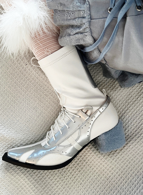 AZ43原创小众赛博未来机能y2k复古银色拼接蓝色毛毛跟弹力短靴