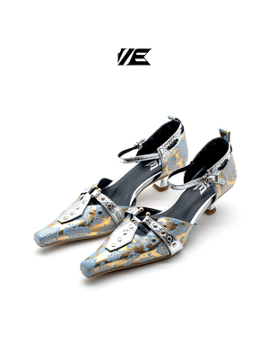 AZ43猫跟蛇纹尖头蓝金凉鞋