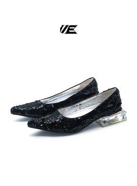 AZ43原创小众尖头亮片银色黑色水晶透明跟百搭时髦一脚蹬单鞋女