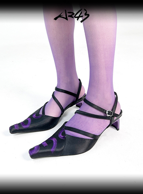 AZ43 原创小众复古百搭y2k辣妹尖头紫色光晕刺绣拉带猫跟凉鞋女