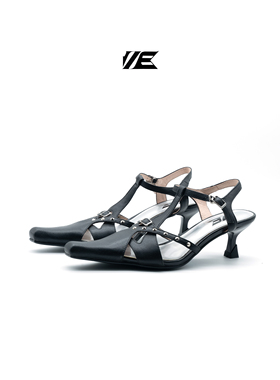 AZ43小众原创尖头复古Y2k辣妹镂空性感铆钉朋克感猫跟黑色凉鞋女