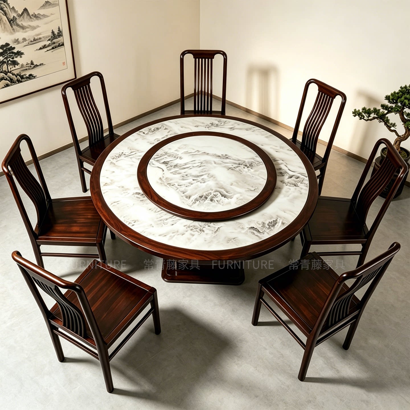 乌金木现代中式实木餐桌椅组合家用餐厅储物桌子带转盘岩板大圆桌