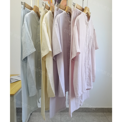 柜上同步# 无侧缝细棉纱五分袖睡衣套装纯棉双层纱家居服薄款女夏