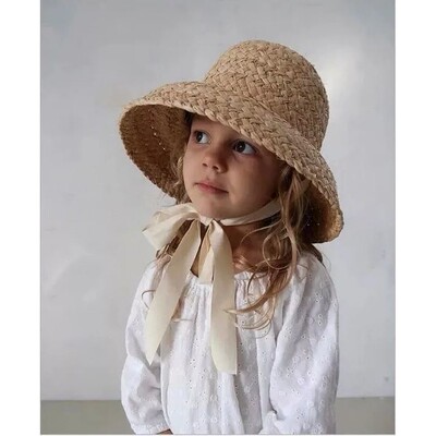 Children Hand-knitted Raffia Retro Flat Top Sun Hats Girls a
