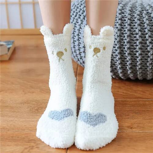 5 Pairs Warm & Fuzzy Cartoon Animal Socks, Crew Length Warm