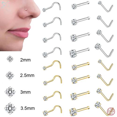 ZS 1PC 18/20G 925 Sterling Silver Nose Stud Gold Color Cryst