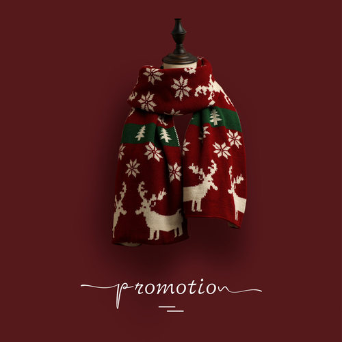 All-match Christmas Knitted Wool Red Scarf Fawn Elk Elk Prin