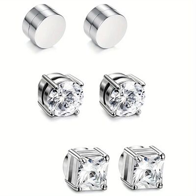 1/3Pairs 6MM Crystal Magnetic No-Pierce Stainless Steel Stud