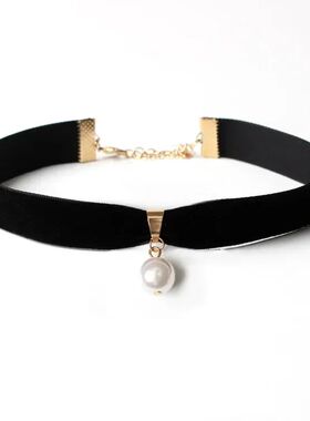 Simple Vintage Velvet Pearl Choker Short Black Clavicle Coll