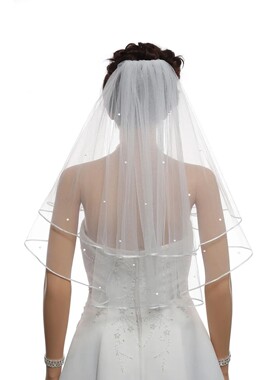 2T 2 Tier  Ribbon Edge Center Gathered Beaded Bridal Veil