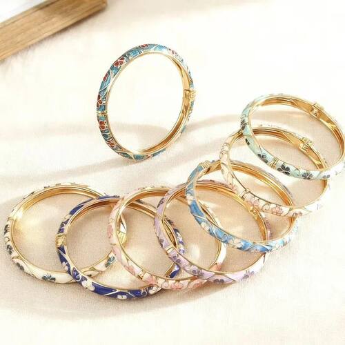 Colorful Enamel Floral Bangle Bracelet Retro Gold-Tone Open