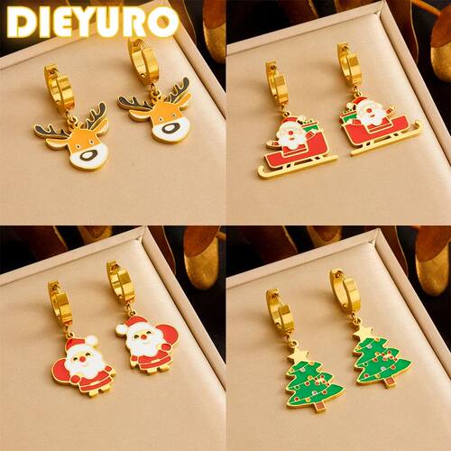 316L Stainless Steel Elk Santa Claus Christmas Tree Earrings