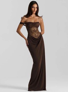 Mozision One Shoulder Lace See Through Sexy Maxi Dress Women