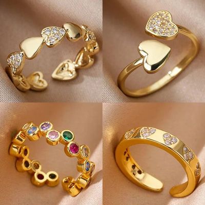 Zircon Geometric Heart Rings For Women Stainless Steel Gold
