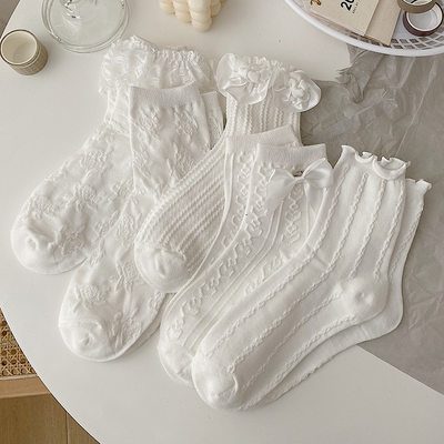 Lolita White Lace Socks Women Heart Bowknot Cotton Socks Fem