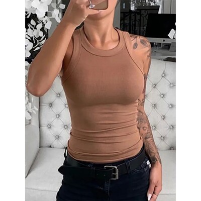 Women Solid Round Neck Ribbed Tank Top Camisole Women Summer