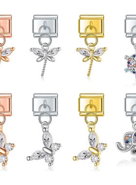 Hapiship  NewColour CZ Elephant Dragonfly Charm Italian Link