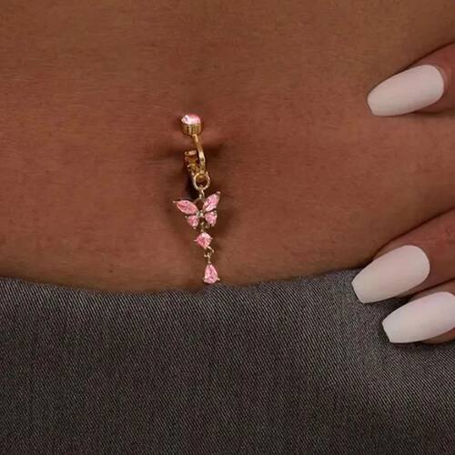 Clip On Belly Button Ring Butterfly Copper Zircon Pink Fake