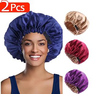 2Pcs Set Large Satin Bonnet Silk Night Sleeping Cap Long Sat
