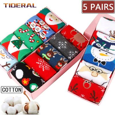 5 Pairs Men/Women Cotton Cartoon Christmas Socks Cute Santa