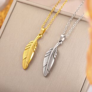 Lucktune Feather Pendant Necklace for Women Stainless Steel