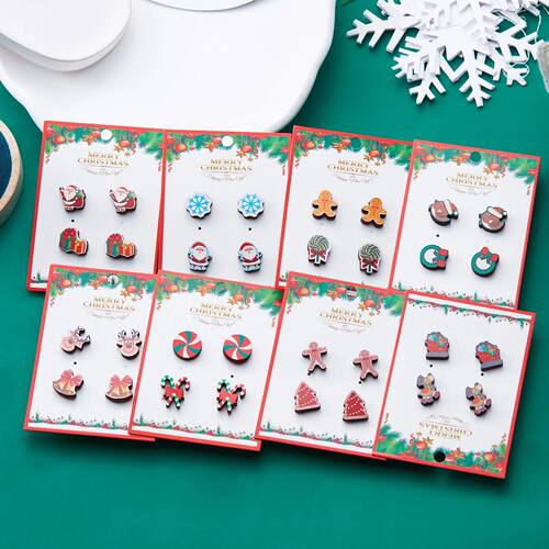 2 Pairs/Set Christmas Wood Stud Earring for Women Cute Xmas