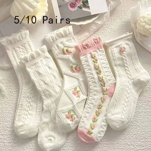 5 Pairs Cute Lace Mid Tube Socks Women's Lolitajk Ruffled St