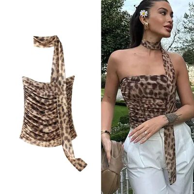 Leopard Tulle Crop Top Women Print Ruched Corset Top Woman V