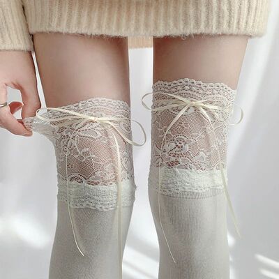 1pairs White Lace Lace Tied Ribbon Velvet Over Knee Socks Lo