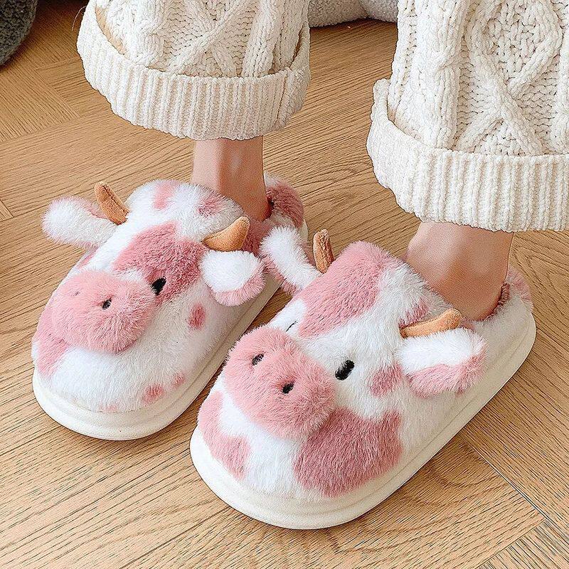Women's Winter Warm Cartoon Cow Slippers Closed Toe Non Slip