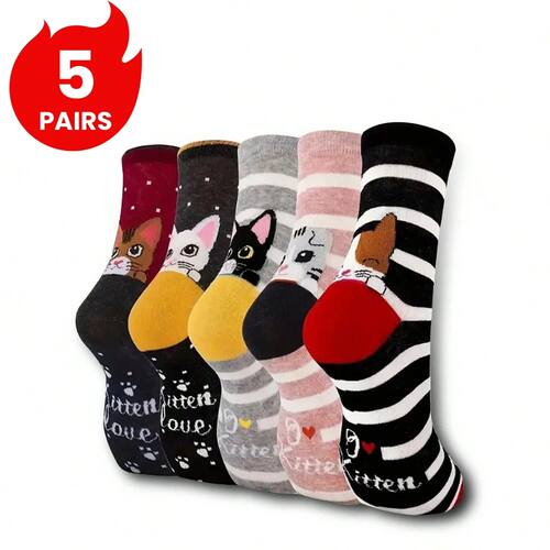 5 Pairs of Women's Crew Socks with Cat Patterns, Cute, Uniqu